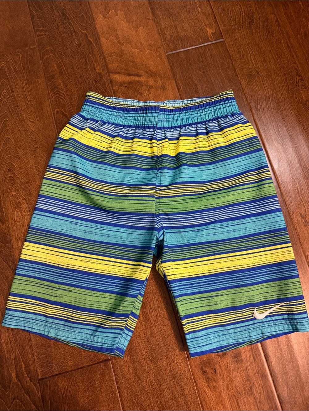 Boys Nike Striped Swim Shorts in Blue, Green & Yellow